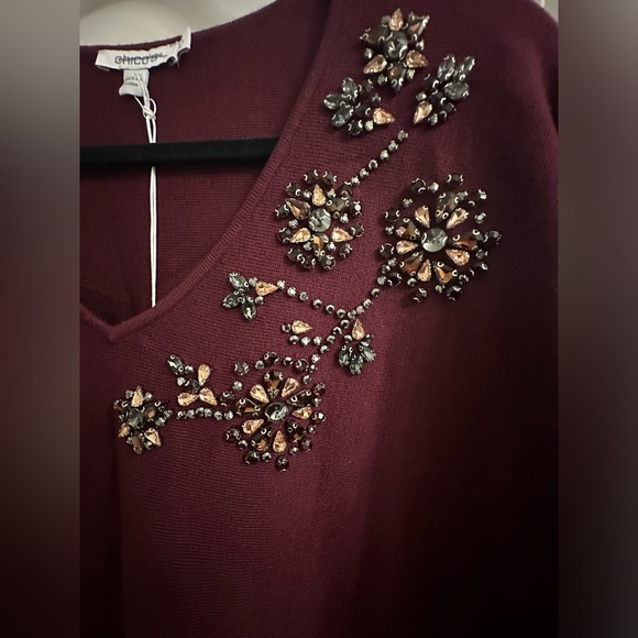 Chico’s Gem Neckline Pullover Sweater Size 4 US XXL V-Neck Color Deep Merlot - Picture 7 of 10